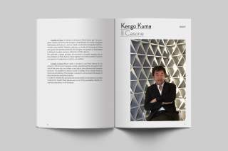 Doppia pagina del catalogo Marmomacc Meets Design, un dettaglio su Kengo Kuma