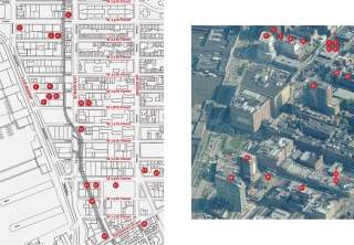 Doppia pagina del libro High Line di New York, infografica della pianta della città