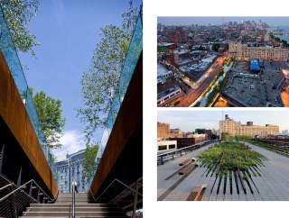 Doppia pagina del libro High Line di New York, alcuni scorci di architetture