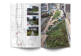 Doppia pagina del libro High Line di New York, dettaglio su giardino e piano ferroviario